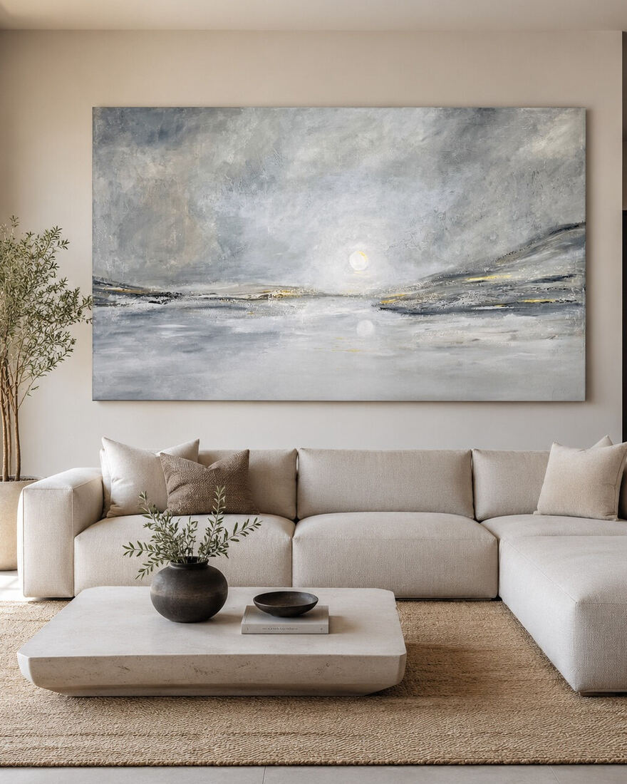 Cuadro abstracto Silencio de Horizonte de Adriana Fernández, 160 × 80 cm, texturas con veladuras de acrílico